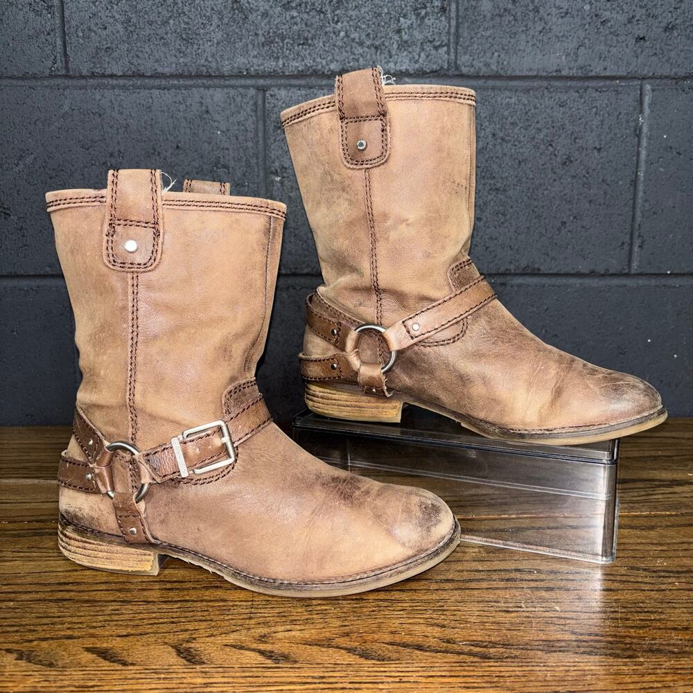 Gianni Bini Brown Distressed Leather Harness Moto Engineer Boots Women’s 8